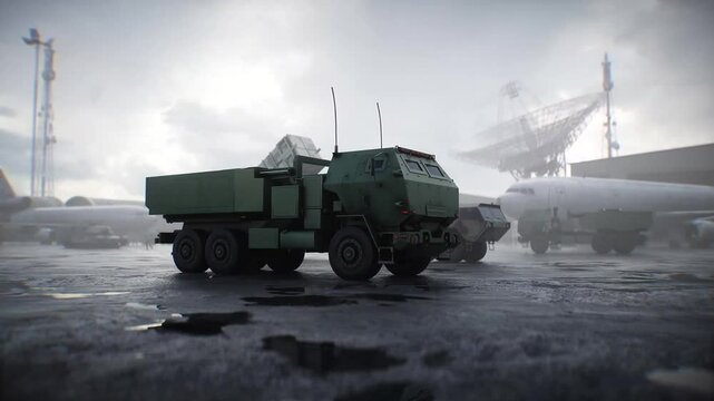 American High Mobility Artillery Rocket System. Military base.