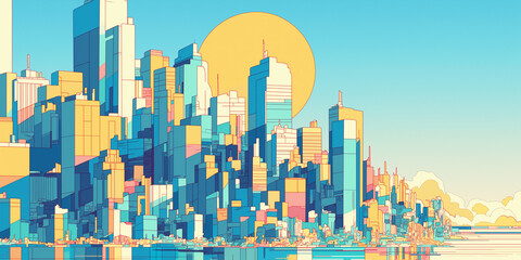 レトロなビルの街角、80年代の都市風景を手描き風に表現したイラスト素材｜シティポップ、街並み、昭和ポップ、手書きタッチ