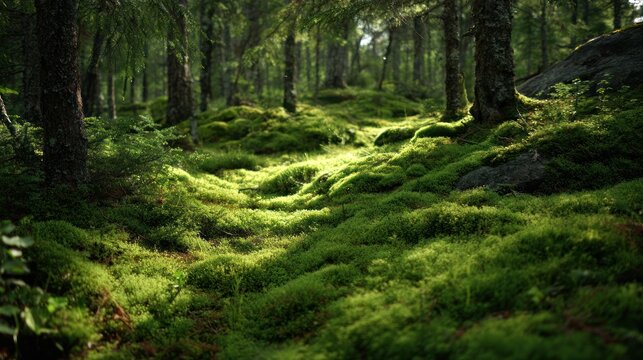 Sunlight filtering through a mossy forest floor