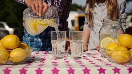 Kids are pouring fresh lemonade into glasses on a table decorated with pink and white stars, during a sunny day