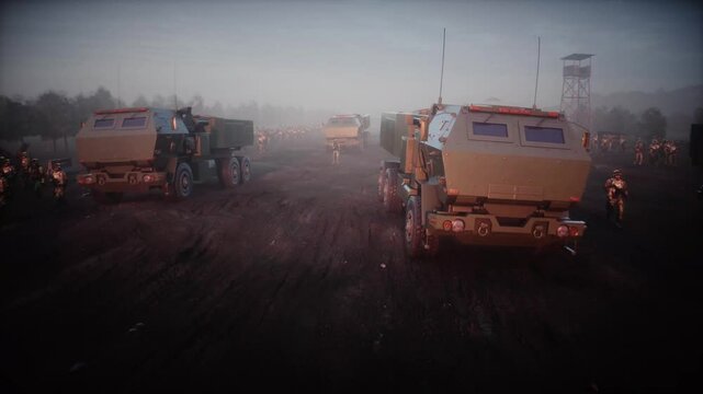 American High Mobility Artillery Rocket System in a ruined city.