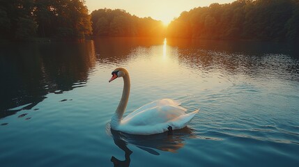Fototapeta premium Swan on tranquil lake at sunset