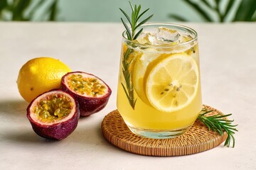 Glass of iced passion fruit lemonade decorated with lemon slice and rosemary, with fresh passion fruit and lemon on side