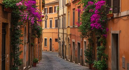 Obraz premium Bougainvillea cascades down sunlit buildings on a narrow cobblestone street in Rome