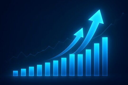 Glowing blue arrows and bar graph indicate upward trend and financial growth