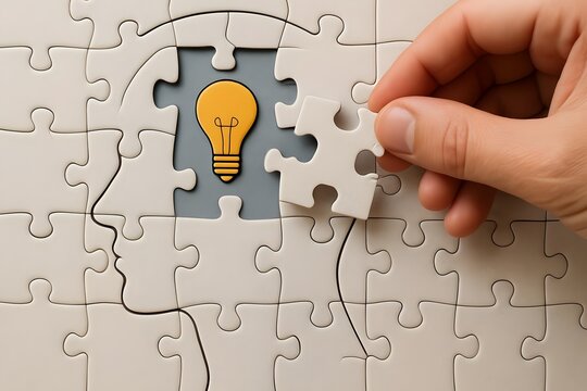 Hand placing the final puzzle piece, revealing a bright idea lightbulb inside a human head silhouette