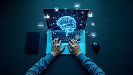 Person using laptop with glowing digital brain and data icons representing AI