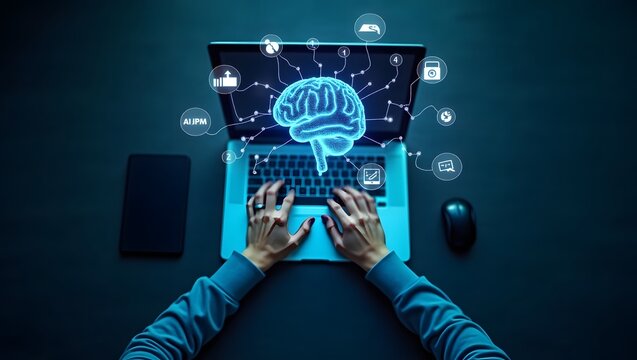 Person using laptop with glowing digital brain and data icons representing AI