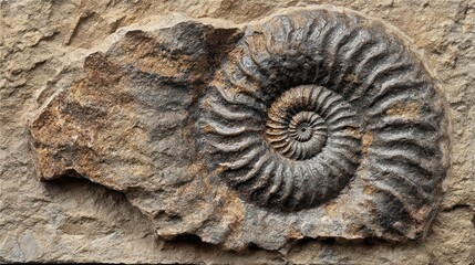 Fossil ammonite embedded in rock