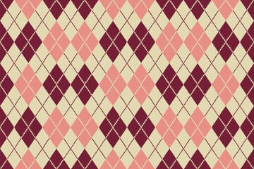 Seamless argyle pattern in pink, cream, and burgundy hues offers a stylish, classic, and versatile fabric or textile design.