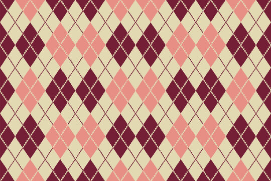 Seamless argyle pattern in pink, cream, and burgundy hues offers a stylish, classic, and versatile fabric or textile design.