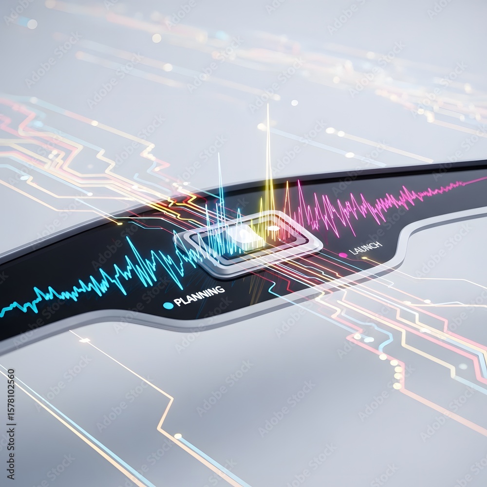 Poster futuristic digital display with illuminated circuits and data streams on a white background
