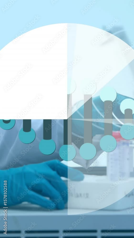 Wall mural animation of dna helix over pie chart over caucasian scientist placing liquid in machine