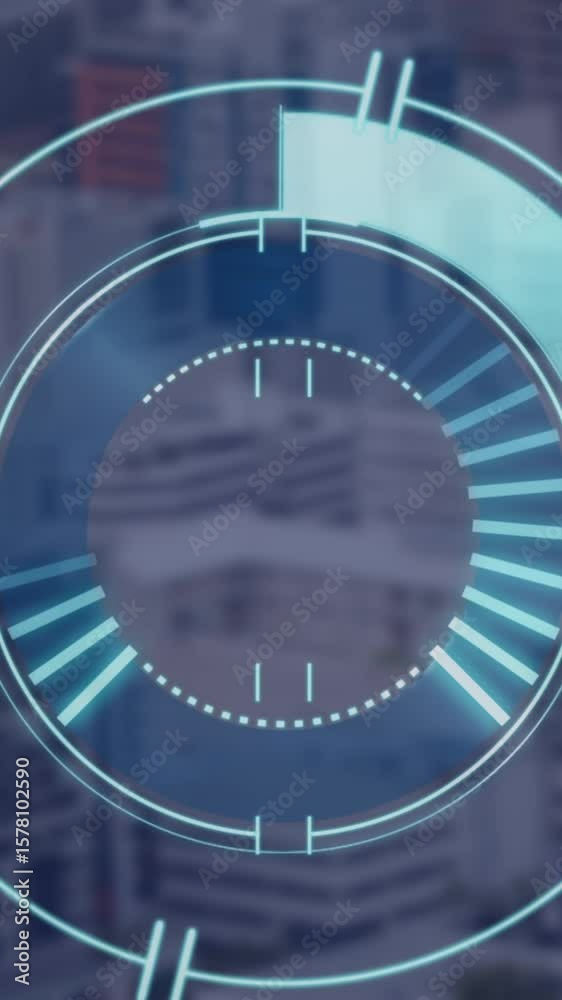 Poster animation of lines in loading circles over aerial view of modern cityscape in background