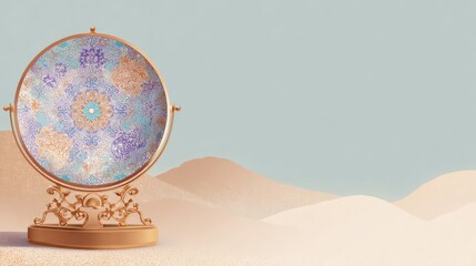 Ornate gold-framed circular mirror resting on a pedestal, set amidst a desert landscape