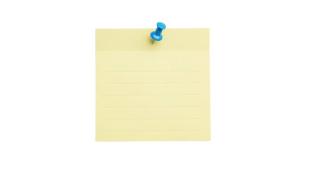 Yellow sticky note with lines secured by a blue pushpin on a white background
