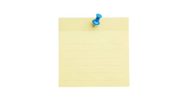 Yellow sticky note with lines secured by a blue pushpin on a white background