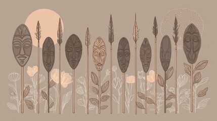 Tribal spears and masks on a beige background