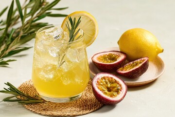Glass of refreshing passion fruit lemonade with ice cubes, rosemary, and lemon slice, accompanied by fresh passion fruit and lemon on a white background