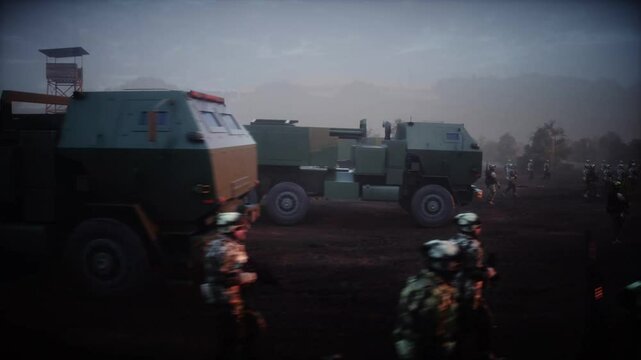 American High Mobility Artillery Rocket System in a ruined city.