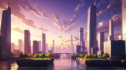 Animated cityscape featuring tall buildings and tranquil river under a vibrant, layered sky with birds in flight - Powered by Adobe