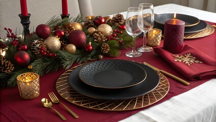 Naklejka premium Elegant Christmas Table Setting with Candles and Ornaments
