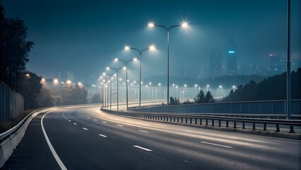 Empty Curved Highway at Night with City Lights in the Background