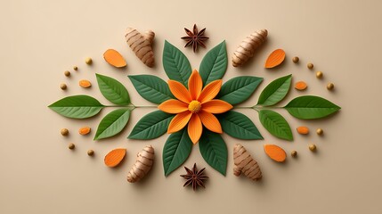 Turmeric Roots Petals Star Anise Golden Geometric Symmetry Soft Matte Beige Background Minimal Food Art Photography