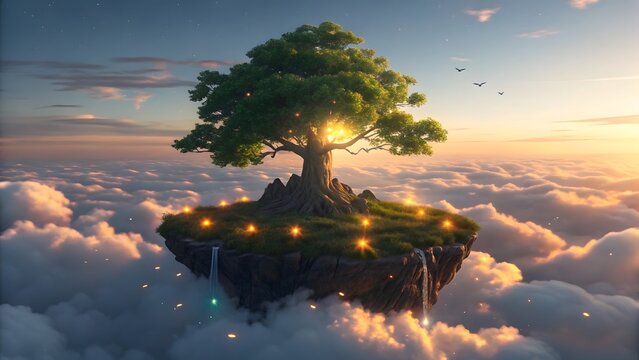 Floating Island with Magic Tree Above Clouds at Sunset &ndash; Fantasy Landscape