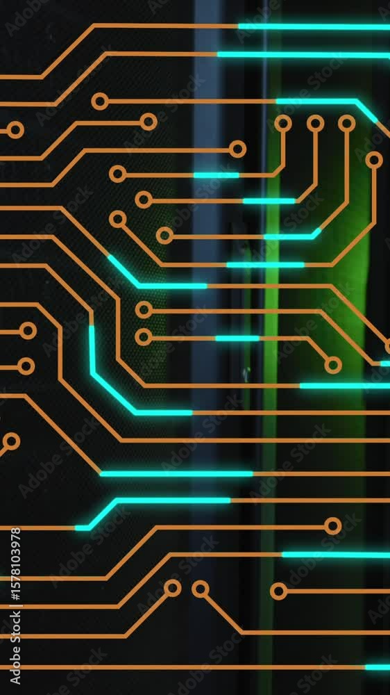 Poster animation of microprocessor connections against computer server room