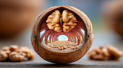 Magnified Walnut Half Clear Glass Sphere Lens Effect Minimal White Background Organic Healthy Food Artistic Design