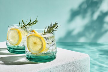 Two glasses of gin and tonic, garnished with lemon slices and rosemary sprigs, sit on a white surface against a turquoise backdrop, creating a summery and refreshing scene