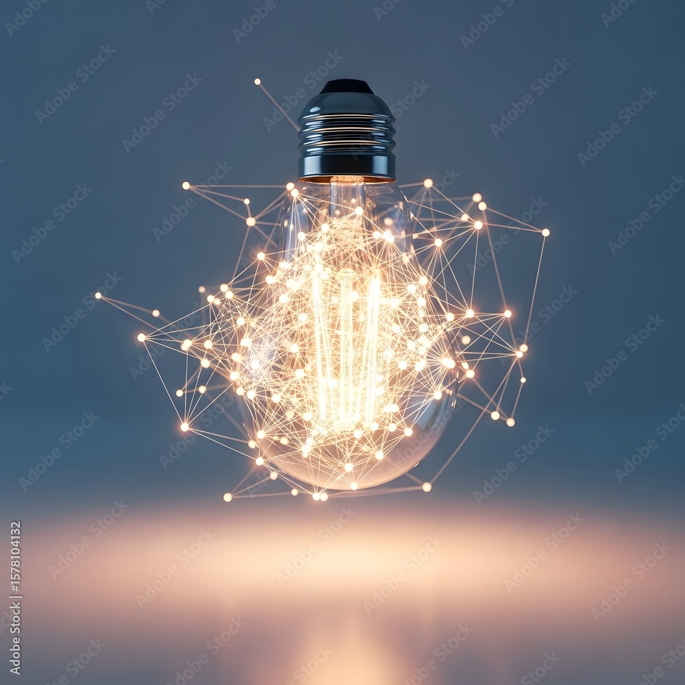 Poster glowing lightbulb with network of connected lines representing idea innovation on blue gradient back