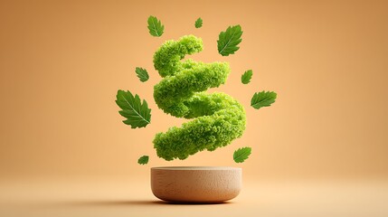 Weightless Kale Leaves Floating Swirling Green Tornado Above Calm Sand-Colored Background Minimal Organic Food Concept