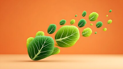 Floating Kale Leaves Tornado Motion Green Swirl Calm Sand Toned Backdrop Healthy Vegan Organic Food Design Art