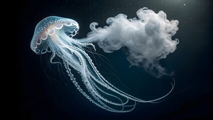 Obraz premium Jellyfish Releasing Ink Cloud Underwater – Deep Sea Marine Life Scene