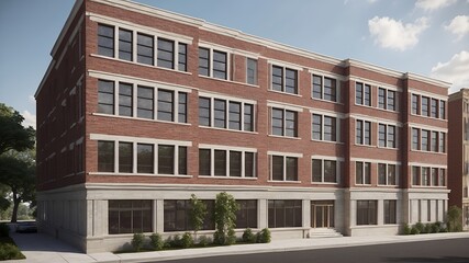 The classic brick facade of a traditional apartment building or townhouse with stone detailing