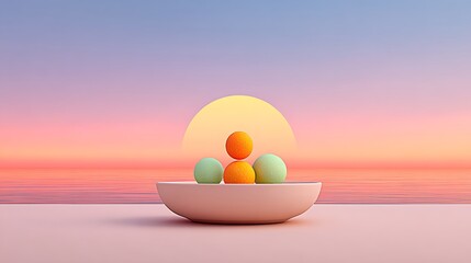 Chakra Food Spheres Floating Above Zen Plate Soft Gradient Sunrise Background Spiritual Harmony Balance Minimal Concept Art