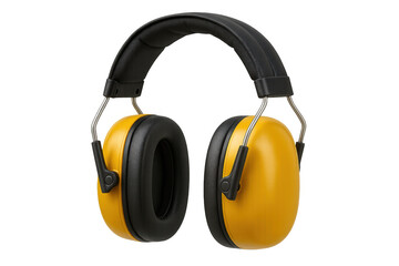 Ear defenders with yellow ear cups and black headband providing hearing protection, isolated on transparent background