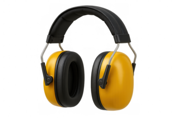 Ear defenders with yellow ear cups and black headband providing hearing protection, isolated on transparent background