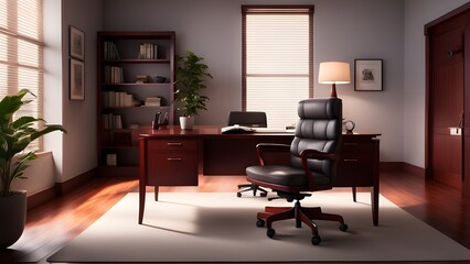 A tranquil executive office features a mahogany desk, comfortable leather chair, warm lighting.