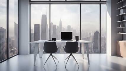 A sleek, minimalist office features a white desk two black chairs, overlooking a stunning cityscape through expansive windows.