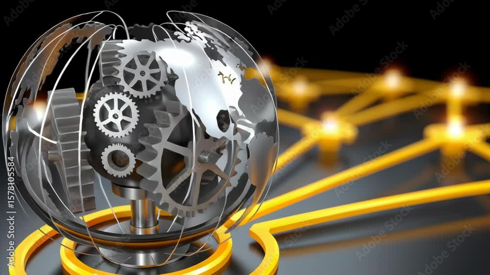 Poster metallic globe with gears symbolizes global connectivity and technology through glowing network line
