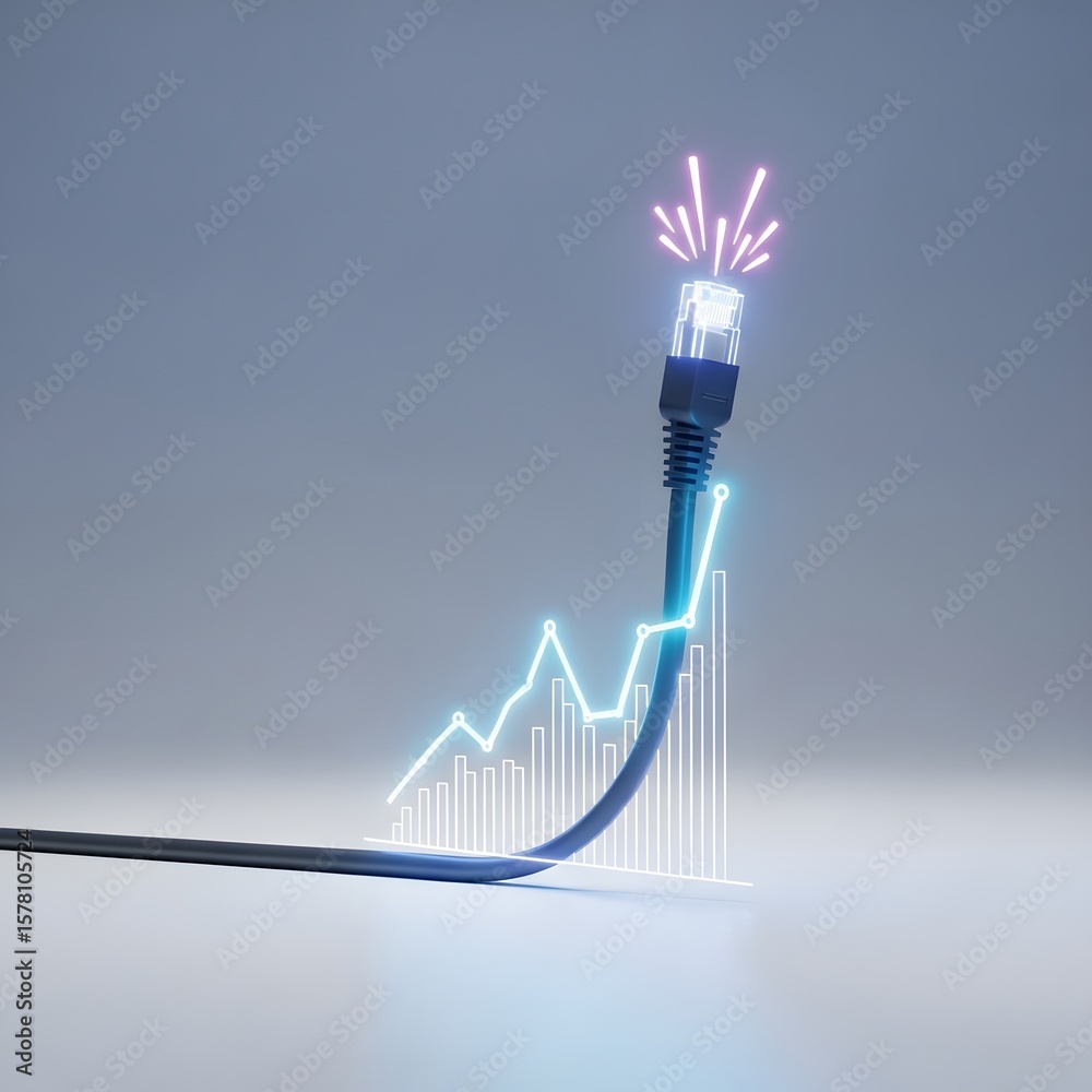 Poster illuminated network cable forming a rising graph on a gradient background representing data growth