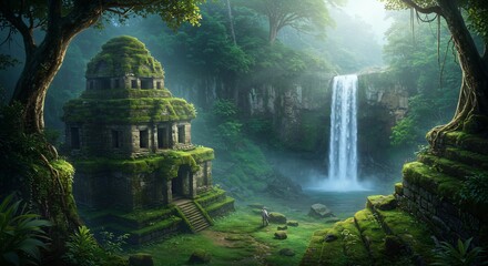 Ancient Temple Ruins by Waterfall, Lush Green Jungle, Mystical Scene.