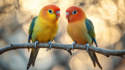 Obraz premium Two Parakeets on a Branch in Sunlight