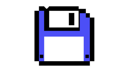 Pixelated floppy disk icon, blue on white background, representing save or storage.