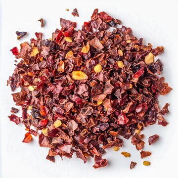 closeup of urfa biber chili flakes with deep burgundy color and oil sheen macro spice photography white background