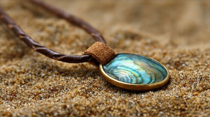 Ocean inspired abalone shell pendant leather cord boho beach necklace iridescent blue green tones natural handmade accessory close up on sand background organic fashion jewelry