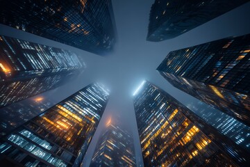 Plakat Dramatic low angle view looking up at towering modern city skyscrapers at night under atmospheric misty sky, concept for financial district representation, urban development illustration material